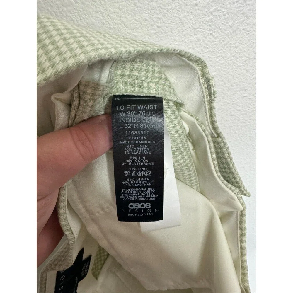 ASOS Design Sz 30 Super Skinny Suit Pant In Puppytooth Check Linen Green Stretch